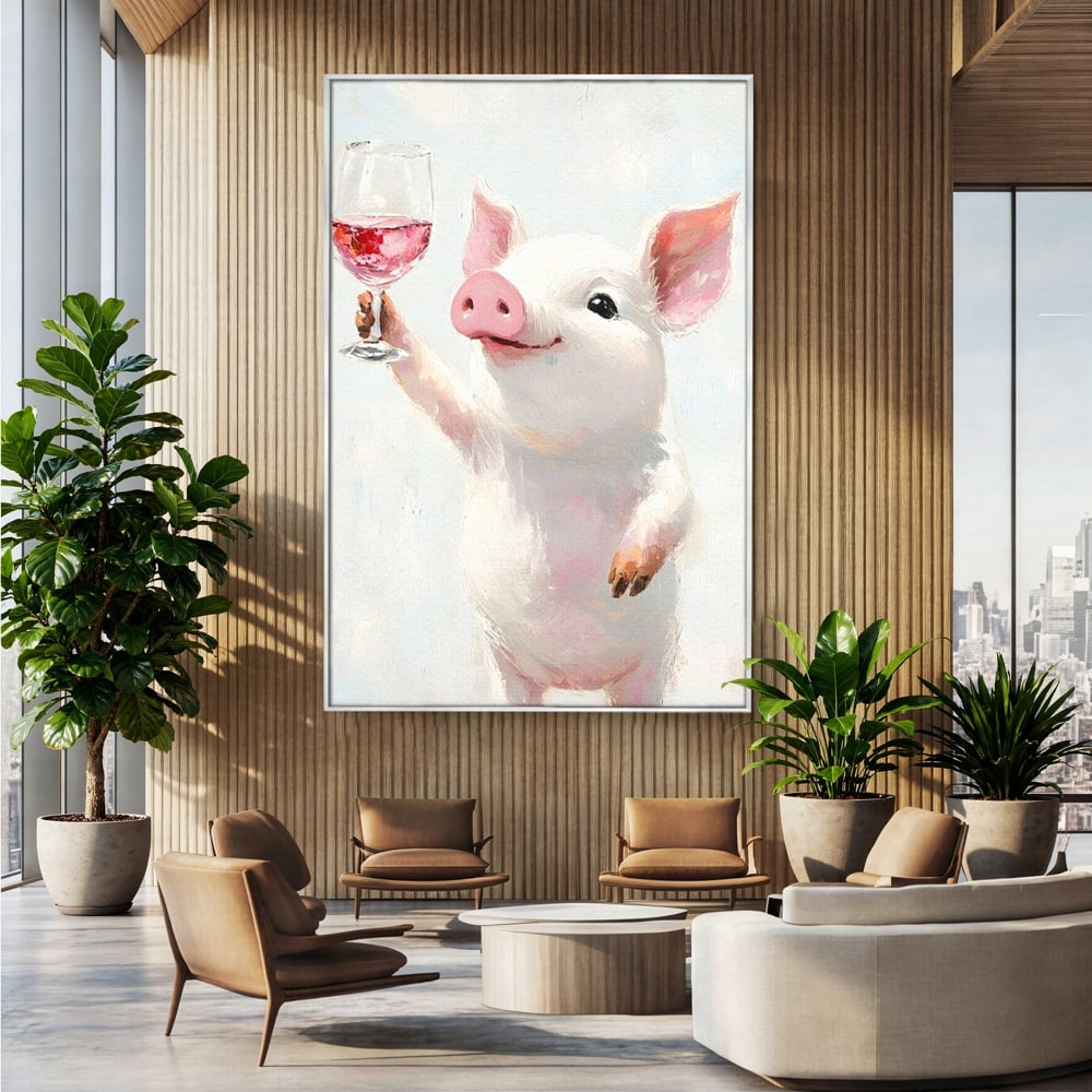 Tablou canvas cu tablou canvas cu purcelus si pahar de vin, in rama de aluminiu argintiu, pe perete intr-un birou